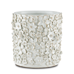 Jessamine Decorative White Cachepot - Artisan-Crafted Floral Design for Indoor Plant Display