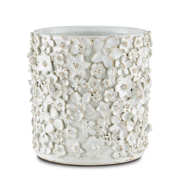 Jessamine Decorative White Cachepot - Artisan-Crafted Floral Design for Indoor Plant Display