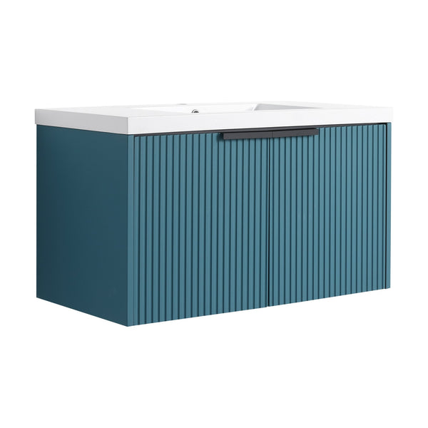 English Elm 36" Floating Bathroom Vanity with Resin Sink, Wavy Doors, Soft-Close Hinges & Durable Plywood Finish Lake Blue W999P251809