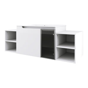 English Elm 54" Floating Bathroom Vanity Glossy White Plywood Cabinet with Ceramic Sink Grey Glass Door W999S00530