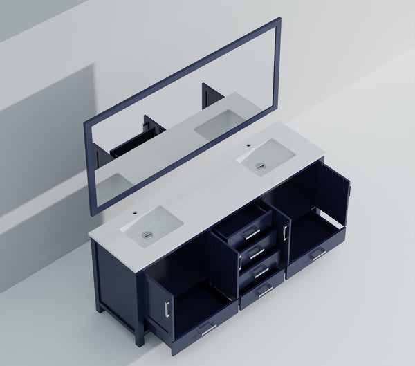 English Elm Navy Double Bath Vanity 80" W x 22" D with White Quartz Top, Soft-Close Drawers, 30" Mirrors, Ample Storage B2731S00845