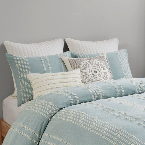 English Elm King/Cal Kara Cotton Jacquard Duvet Cover Set - Eco OEKO-TEX, Aqua Diamond Reverse, Button Closure, 3pc B03596483
