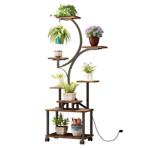 English Elm Plant Stand with Full Spectrum Grow Lights 8 Tier S Shaped Iron Corner Display Rack Black+Brown W2641P446499