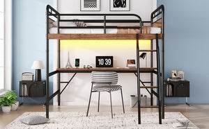 English Elm Full Size Metal Loft Bed with Desk, LED Light & Charging Station, MDF Panels, Safe Rounded Edges W2580P286695