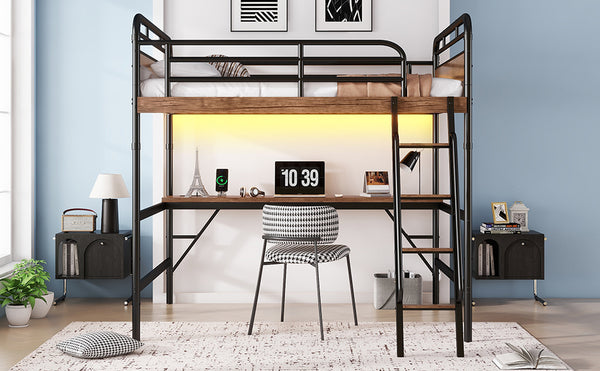 English Elm Full Size Metal Loft Bed with Desk, LED Light & Charging Station, MDF Panels, Safe Rounded Edges W2580P286695