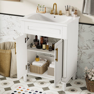 English Elm 24" Bathroom Vanity with Integrated Ceramic Sink and Adjustable Shelf, Vintage Hardware, Space-Saving Design White N710P277711K