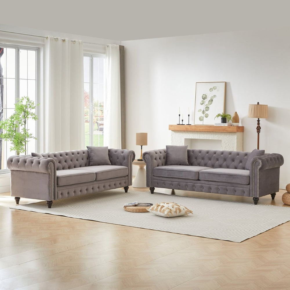 English Elm Fx Modular Six Seat Chenille Sectional Sofa with Gold Legs and Tufted Detail Grey W1926S00119