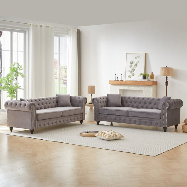 English Elm Fx Modular Six Seat Chenille Sectional Sofa with Gold Legs and Tufted Detail Grey W1926S00119