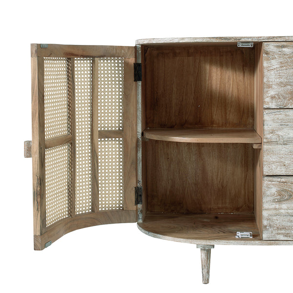 English Elm 57x16x33" TV Console with Cane Doors — Sandblast Mixed Materials, 3 Drawers & 2 Doors, Breezy Storage Solution W2078P179493