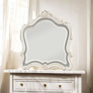 English Elm Chantelle Pearl White Ornamental Beveled Mirror with Scrolled Trim & Crown – 37"x33" Elegant Décor B2726P284220