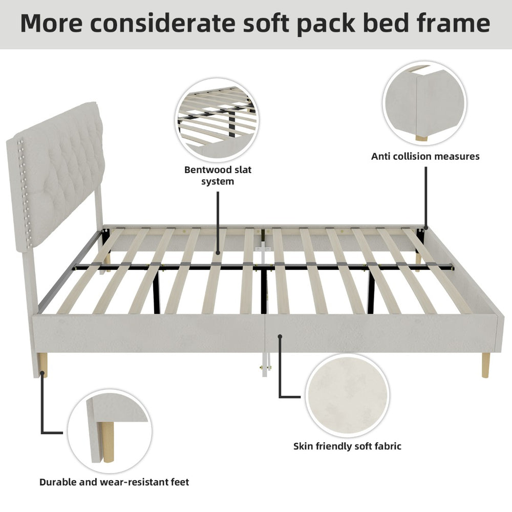 English Elm Suede Tufted Platform Bed Full Size Upholstered Headboard for Restful Bedroom Retreat Beige W1935P361000