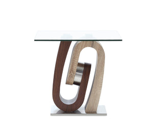 English Elm CHASE Walnut End Table with Geometric Wave Base, Solid Wood, MDF & Glass Top — Contemporary Chic B201S00068