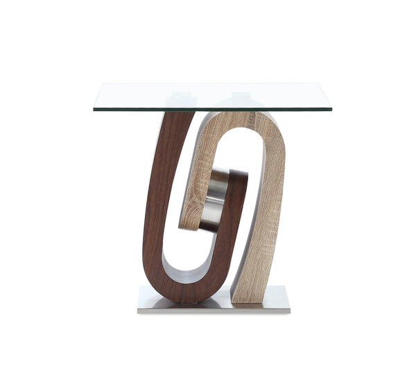 English Elm CHASE Walnut End Table with Geometric Wave Base, Solid Wood, MDF & Glass Top — Contemporary Chic B201S00068