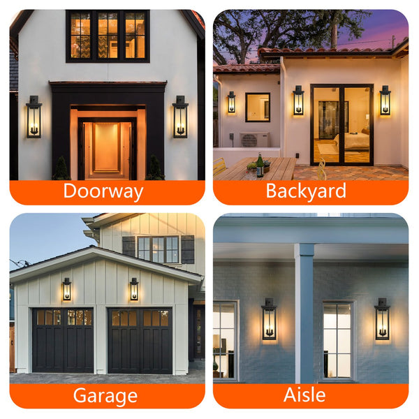 English Elm 2-Pack Outdoor Wall Lanterns 22" with Dusk-to-Dawn Sensor, Matte Black Aluminum, Clear Glass Panels W2312P374779