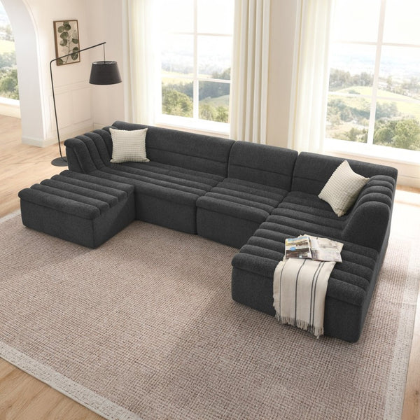 English Elm 135" U-shaped Chenille Sectional with Movable Ottoman Four Piece Modular Living Room Sofa Black W1413S00123