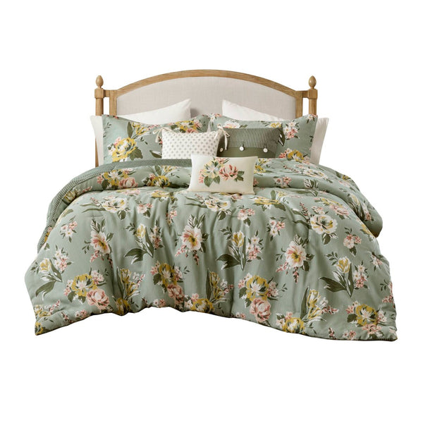 English Elm 7-piece Cal King Vintage Floral Comforter Set with Reversible Stripe and Bed Skirt B035P440214