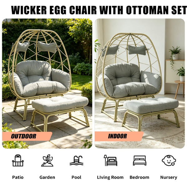 English Elm Double Wicker Egg Chair with Ottoman Bohemian Rattan Outdoor Lounge for Patio T5880P501482
