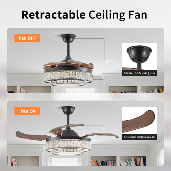 English Elm 48" Contemporary Crystal LED Retractable Ceiling Fan with Remote, 6-Speed Quiet DC Motor, Timer W1340P184909