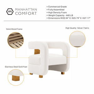 English Elm Amirah Velvet Lounge Chair White — Luxurious Velvet, Brushed Gold Legs, Pine Frame, 440 lb Capacity, Ready-Use B365P397990