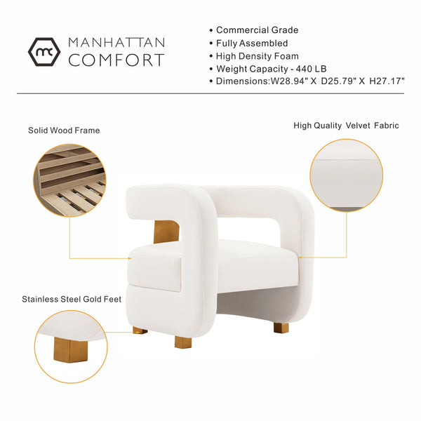 English Elm Amirah Velvet Lounge Chair White — Luxurious Velvet, Brushed Gold Legs, Pine Frame, 440 lb Capacity, Ready-Use B365P397990