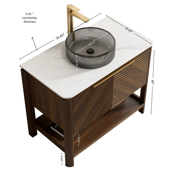 English Elm Dina Floating Bathroom Vanity Sintered Stone Top Glass Basin Striped Plywood Cabinet W2615S00730