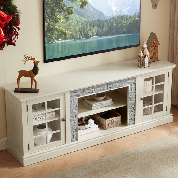 English Elm 70" Modern TV Stand with Faux Stone Top, Spacious 2-Door Media Console with Cable Management and Adjustable Shelves, Vintage Metal Handles, Durable MDF Construction for Living Room Entertainment (Fits up to 75") White W2275P342690