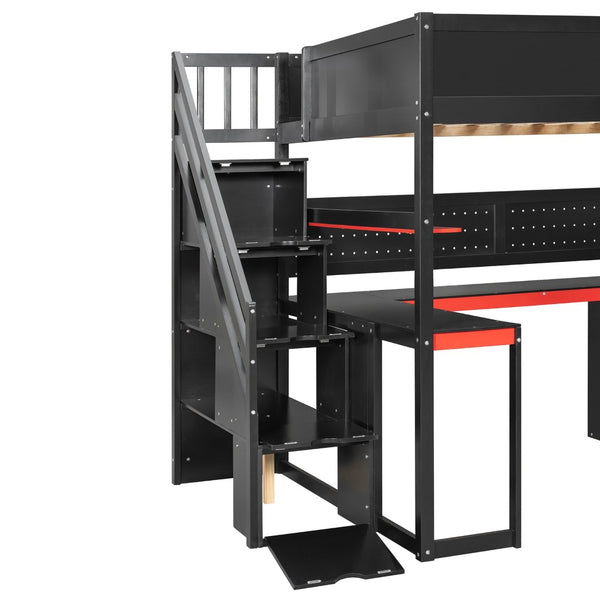 English Elm Full Size Gaming Loft Bed with Led Lighting Desk Shelves and Usb Charging Ports N820S00071J