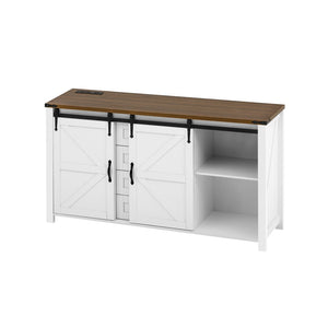 English Elm U-style Farmhouse Sideboard Barn Door Buffet with Drawers Built-in Outlet Dining White N711P347377K
