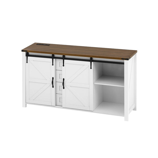 English Elm U-style Farmhouse Sideboard Barn Door Buffet with Drawers Built-in Outlet Dining White N711P347377K