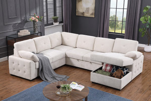 English Elm Multi Functional L Shaped Sectional Sofa with Sleeper and Hidden Storage Chaise Beige B2730S00057