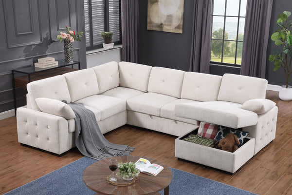 English Elm Multi Functional L Shaped Sectional Sofa with Sleeper and Hidden Storage Chaise Beige B2730S00057