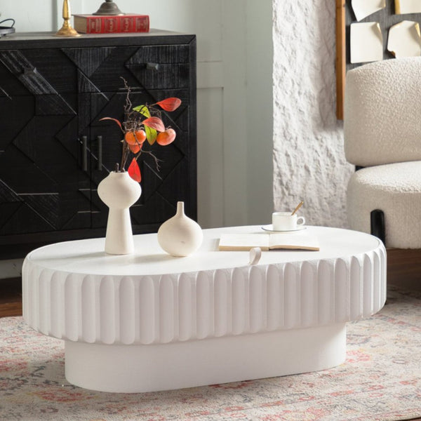 English Elm Fluted White Coffee Table with Hidden Storage Compartment for Modern Living Rooms W3081P389037