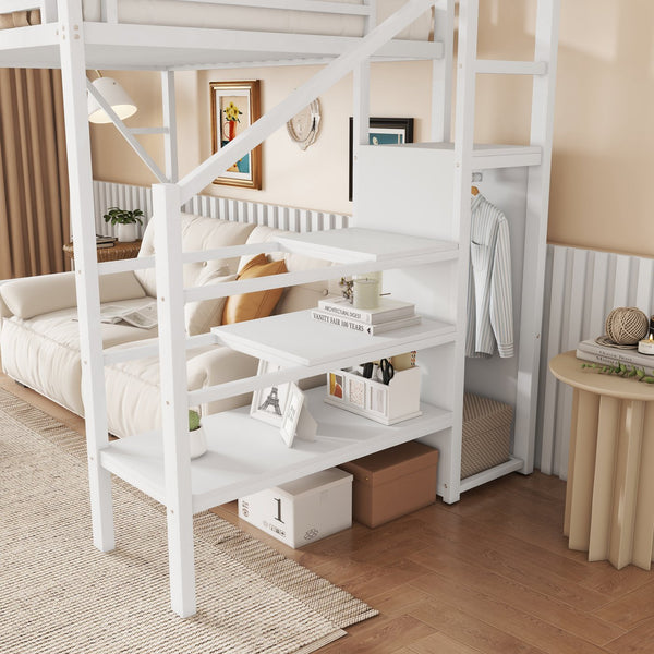 English Elm Twin Twin Size Loft Bed with Stairs and Built-In Shelves, Metal High Loft with Wardrobe for Kids Teens White W2580S00036