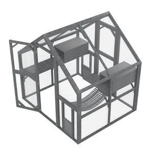English Elm Cat, Outdoor Wood Enclosure Multi-level Shelter with Platforms Resting Boxes Waterproof Canopy W1598S00039
