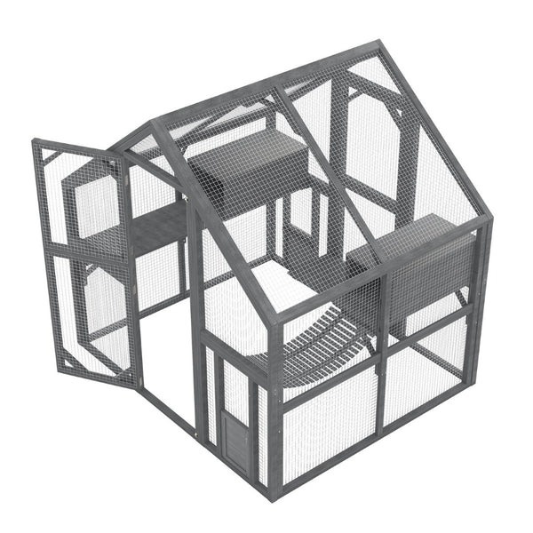 English Elm Cat, Outdoor Wood Enclosure Multi-level Shelter with Platforms Resting Boxes Waterproof Canopy W1598S00039