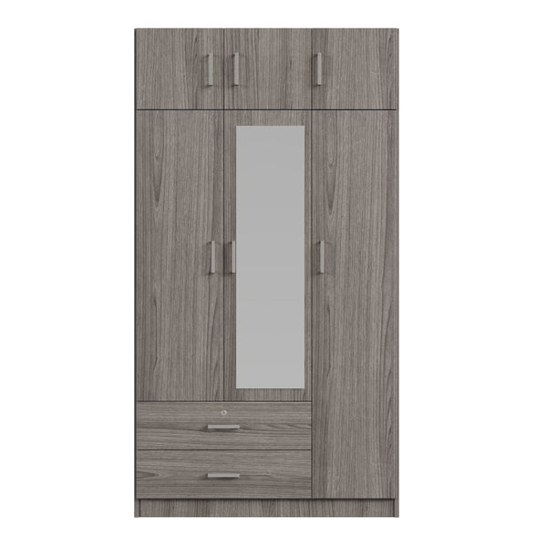 English Elm 3-door Mirrored Wardrobe with Full Length Dressing Mirror Drawers and Top Cabinet Gray LP006005AAE