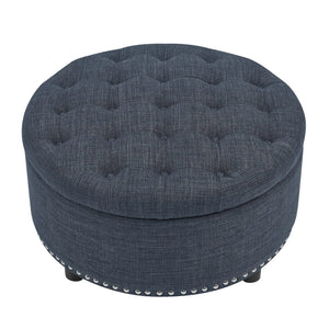 English Elm Tufted Linen Square Ottoman with Lift Top Storage Nailhead Trim Living Room Dark Blue B2748P481672