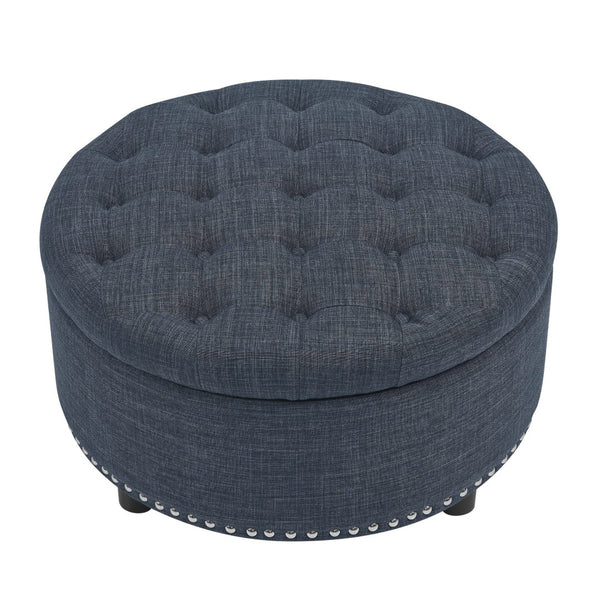 English Elm Tufted Linen Square Ottoman with Lift Top Storage Nailhead Trim Living Room Dark Blue B2748P481672