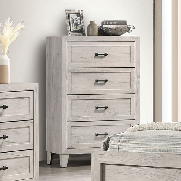 English Elm Contemporary Chic Chest with Gold Accents, Acrylic Trim, Metal Bracket Legs and Dust‑Proof Drawers White Washed 35 L x 20 W x 48 H B2741P372236