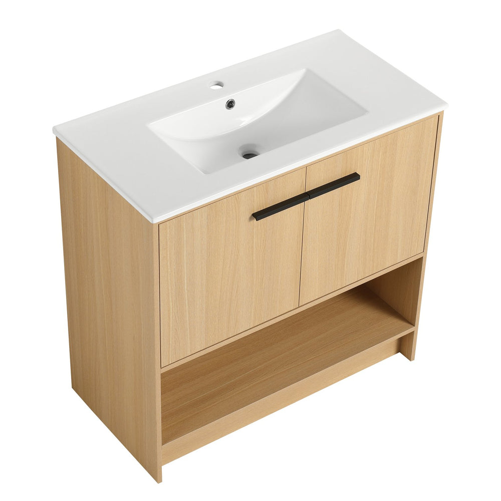 English Elm 36" Modern Bathroom Vanity With Ceramic Sink, Soft Closing Doors & Open Shelf For Stylish Storage W1972S00019