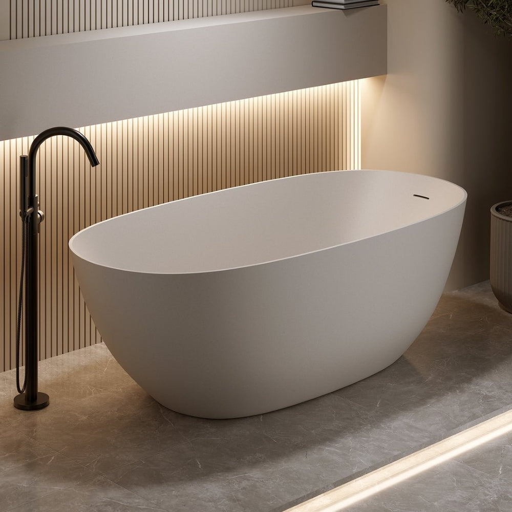 English Elm 65'' Resin Stone Freestanding Soaking Tub Ergonomic Matte White Spa Bath Beige W2753P340402