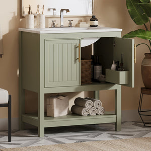English Elm 30-Inch Green Bathroom Vanity With Ceramic Sink, Elegant Design, Smart Storage For Small Spaces WF325888AAF