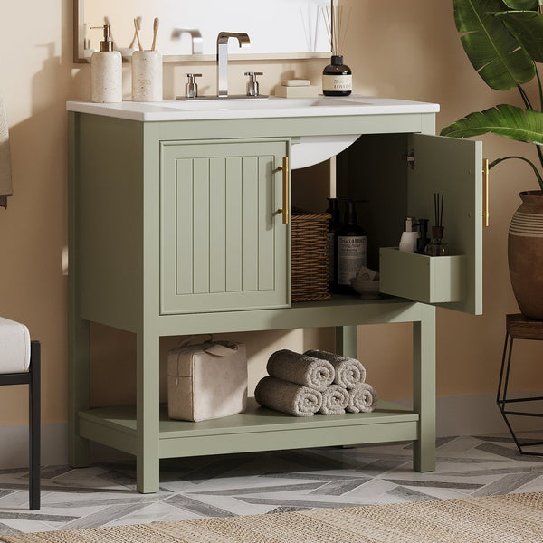 English Elm 30-Inch Green Bathroom Vanity With Ceramic Sink, Elegant Design, Smart Storage For Small Spaces WF325888AAF