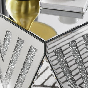 English Elm Silver mirrored side table with crystal inlay, 20"x20"x23.6" compact luxe accent for living room, bedroom, office W1005P190144