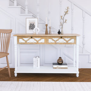 English Elm 48 Inch Console Table Natural+White with 2 Drawers & Bottom Shelf, Solid Wood Legs, Vintage Chic MDF Design W716P197959