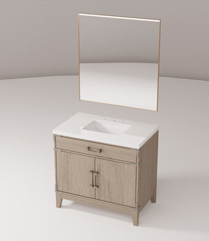 English Elm Grey Oak Single Sink Vanity Set With White Quartz Countertop & 34" Mirror - Modern Bathroom Elegance B2731S01463