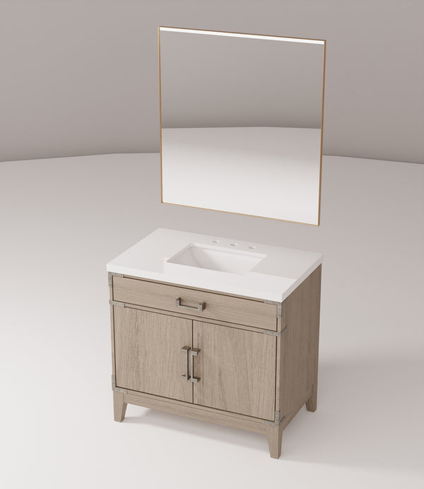 English Elm Grey Oak Single Sink Vanity Set With White Quartz Countertop & 34" Mirror - Modern Bathroom Elegance B2731S01463