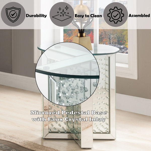 English Elm Nysa Glam Round End Table with Crystal Inlays Mirrored Pedestal and Tempered Glass Top B2726P446707
