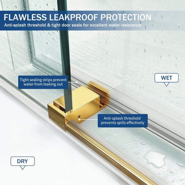 English Elm 56" Frameless Sliding Shower Door Tempered Glass Soft Close Matte Hardware Alcove Fit Gold+Glass W1920P385328