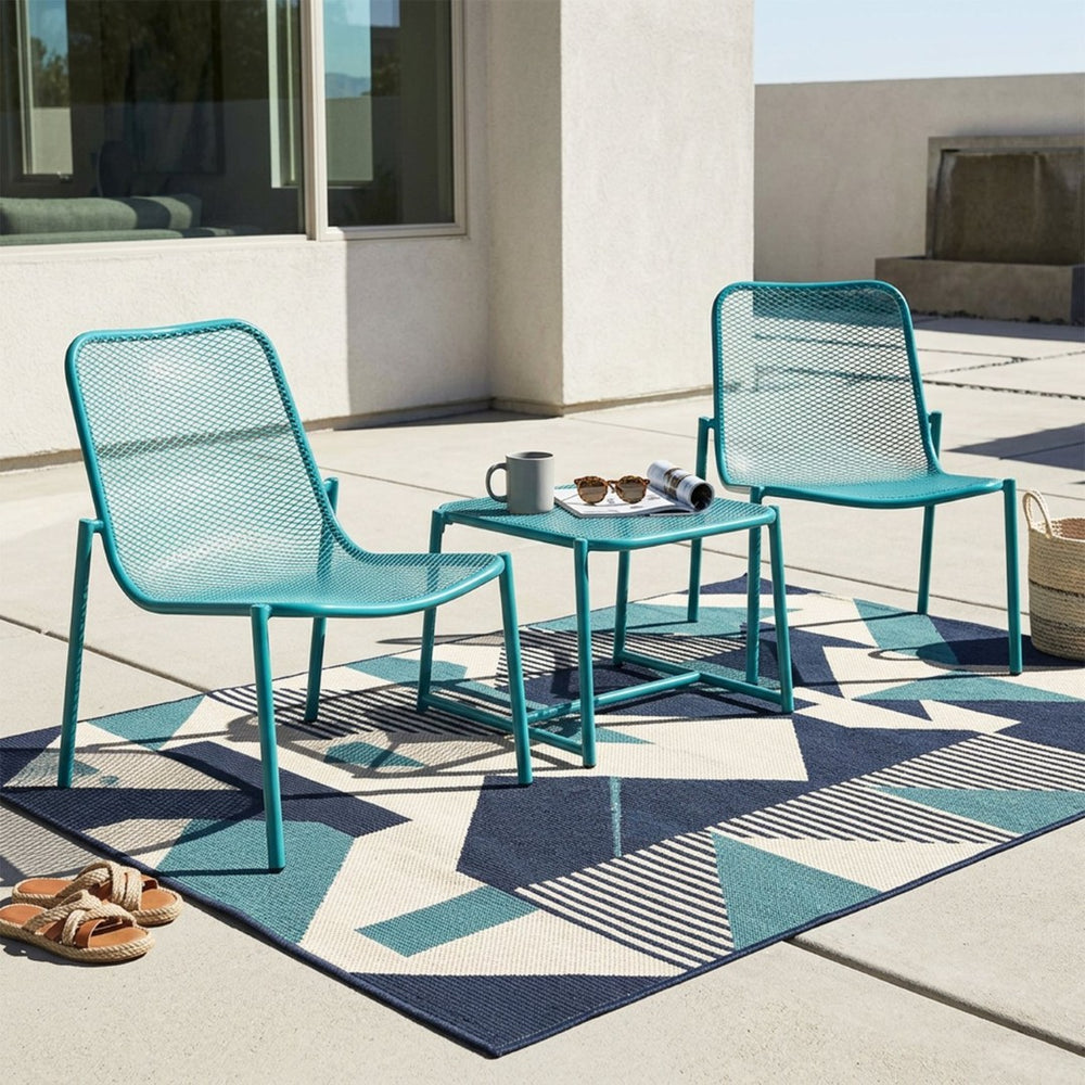 English Elm Kincaid Outdoor Iron Mesh Conversation Set Rust Resistant Patio Chairs with Side Table Teal N775P392159T